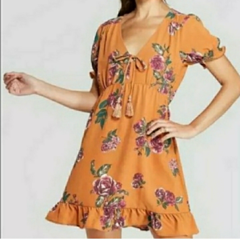 *V NECK TIERED RUFFLE MUSTARD FLORAL PRINT DRESS SIZE MED YELLOW PEASANT NEW